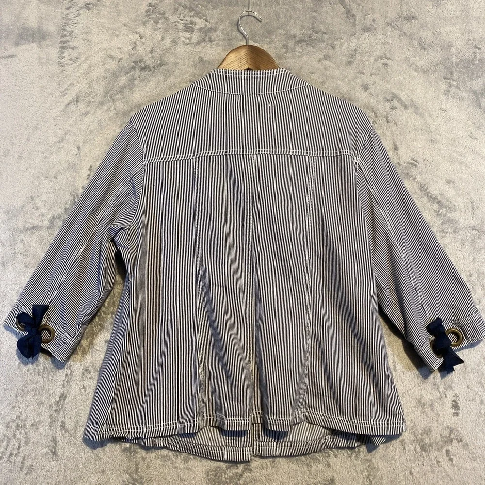 Womens Jacket Sz 1X Blue White Stripes Band Collar  Coastal Beach Preppy Cottage